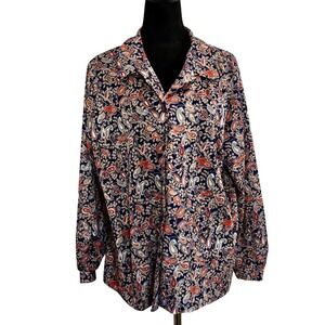 Vintage Lady Graff Paisley Button Up Long Sleeve Shirt‎ Women's Blue Red Boho L